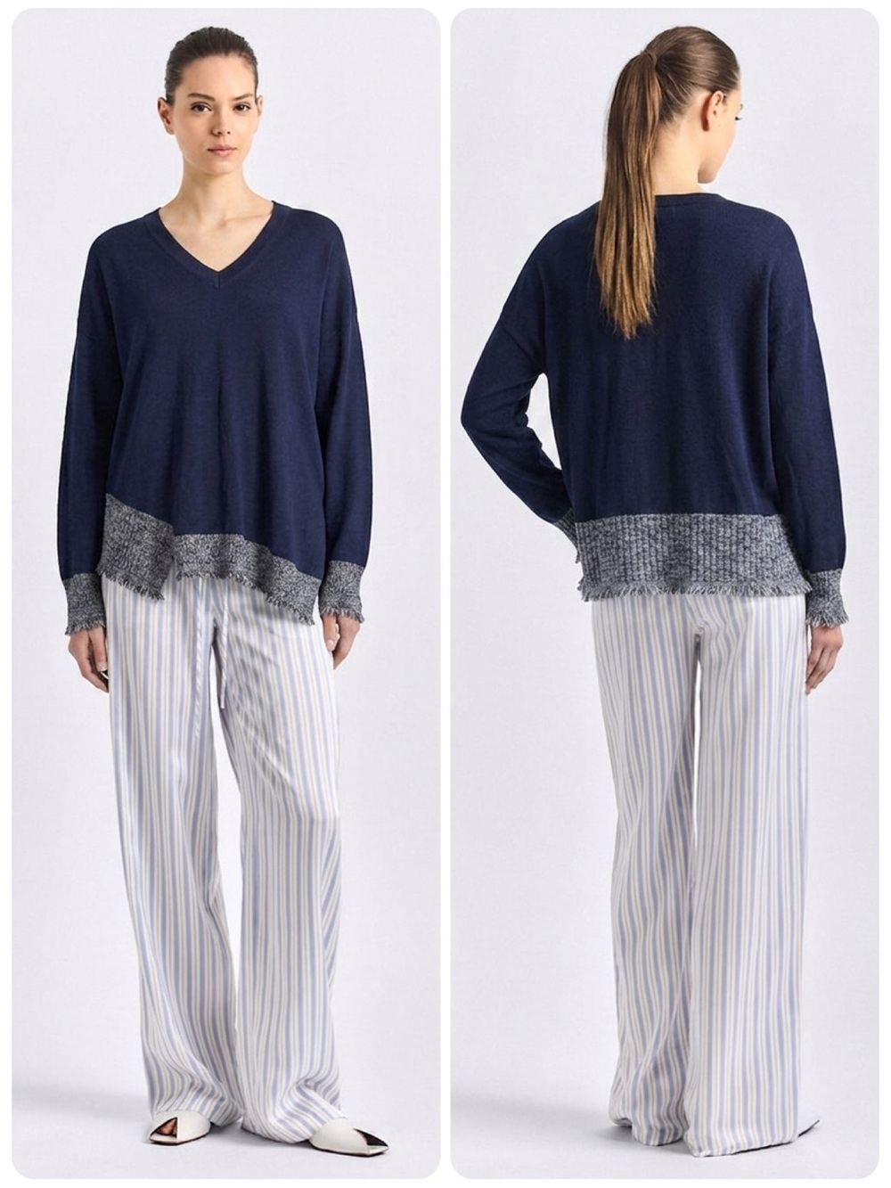 Derek Lam 10 Crosby Navy Silk Wool Cashmere V-Neck Sweater Asymmetrical Fringe L
